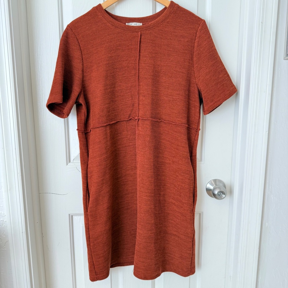 New In Womens Rust Orange Waffle Knit Short Sleeve Mini Pocket Dress ND30177 L